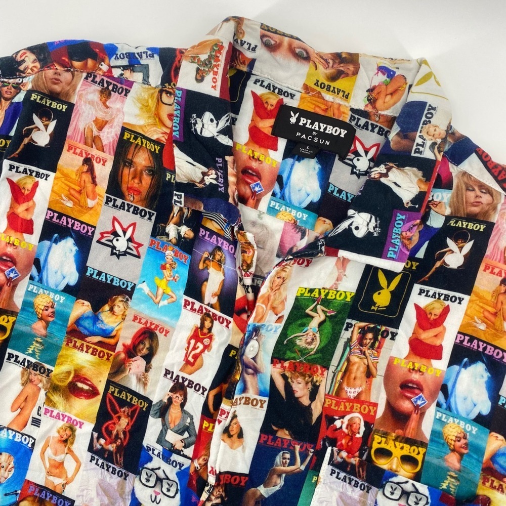 Playboy by Pacsun Button Up Shirt Mens Sz L MultiColor Magazine Cover Runs Small